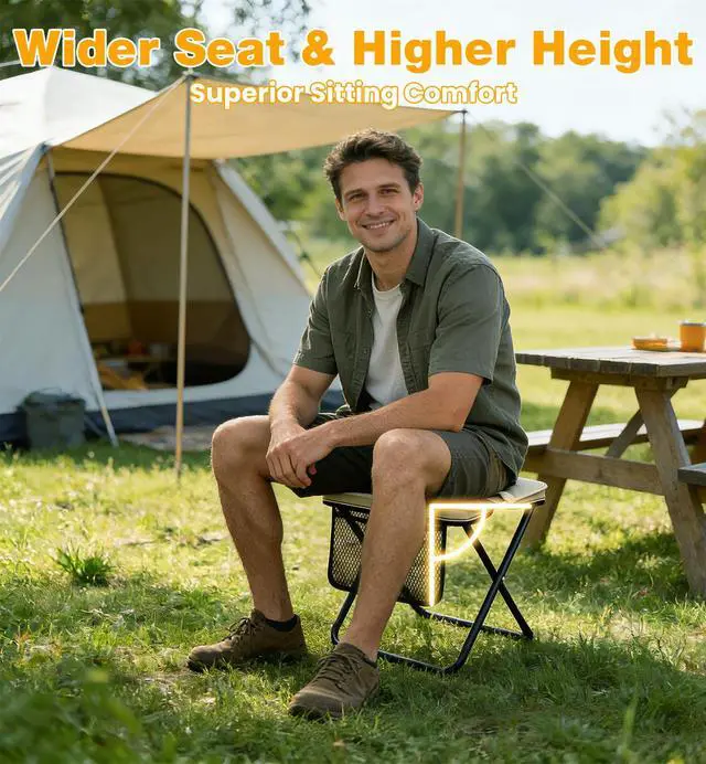 Alt view image 4 of 7 - 2 Pack XL Portable Chairs for Adults, 14.2" W x 14.2" H Seat & Knee-Friendly Folding Stool, Foldable Backpack Stool, Heavy Duty Collapsible Camping Seat for Fishing Travel - Green