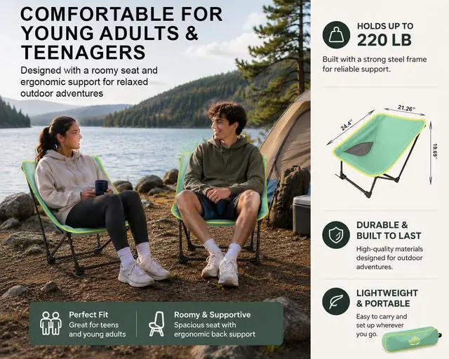 Alt view image 3 of 7 - Portable Camping Chair for Young Adults and Teens, Holds 220 LB, Lightweight & Compact Foldable Camp Chair for Backpacking Travel, Outdoor Folding Chair for Beach, Sports, Fishing, Lawn & Concert