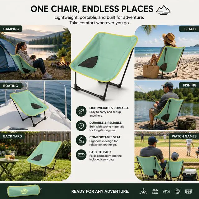 Alt view image 7 of 7 - Portable Camping Chair for Young Adults and Teens, Holds 220 LB, Lightweight & Compact Foldable Camp Chair for Backpacking Travel, Outdoor Folding Chair for Beach, Sports, Fishing, Lawn & Concert