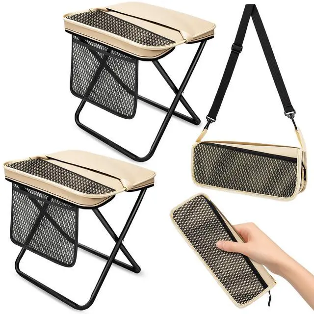 Main image of 2 Pack Portable Folding Stools, Collapsible Pocket Chair, Foldable Camping Stool for Adults Backpack, Outdoor Seats Foot Rest, for Travel Hunting Fishing Hiking Gardening - Large, Khaki