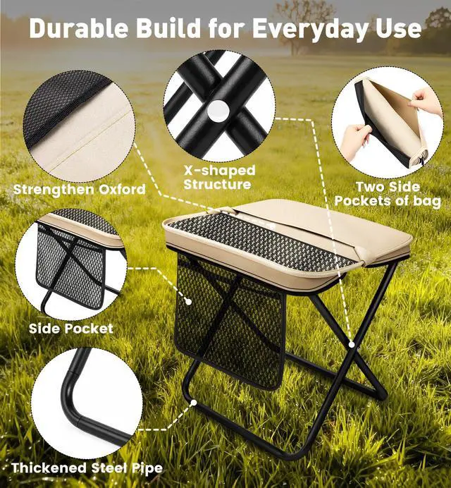 Alt view image 5 of 7 - 2 Pack Portable Folding Stools, Collapsible Pocket Chair, Foldable Camping Stool for Adults Backpack, Outdoor Seats Foot Rest, for Travel Hunting Fishing Hiking Gardening - Large, Khaki