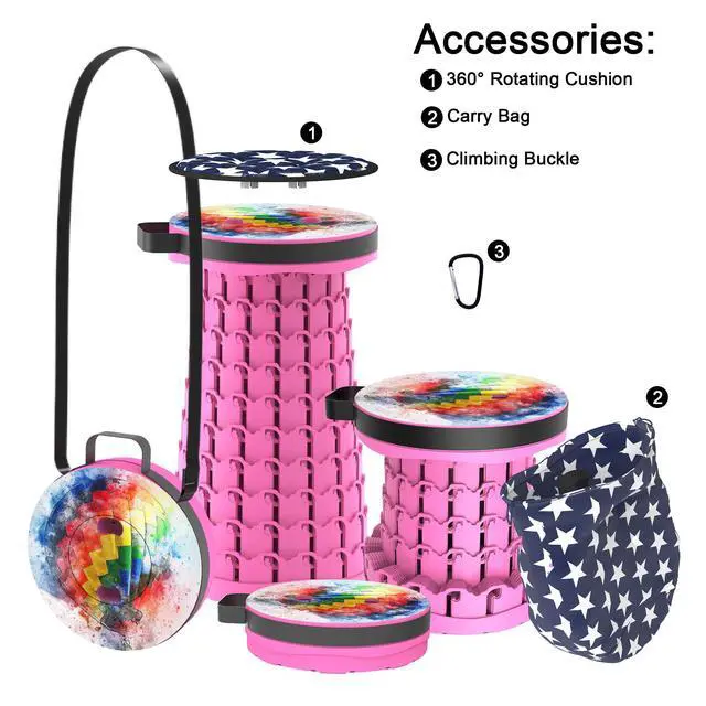 Alt view image 4 of 7 - Upgraded Telescoping Collapsible Stool with Cushion, Folding Stool with Printing Portable Retractable Foldable Seat Max Load 600lbs for Adults Camping Fishing Outdoor