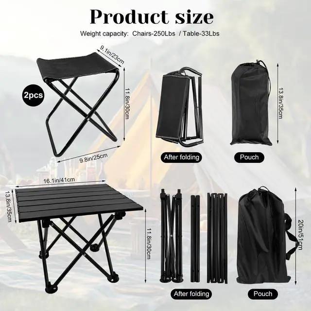 Alt view image 2 of 7 - Folding Camping Table with Chairs Lightweight Picnic Table and 2 Chairs for Beach Hiking Travel Fishing BBQ,Outdoor Sturdy Table and Chairs Set with Storage Bags