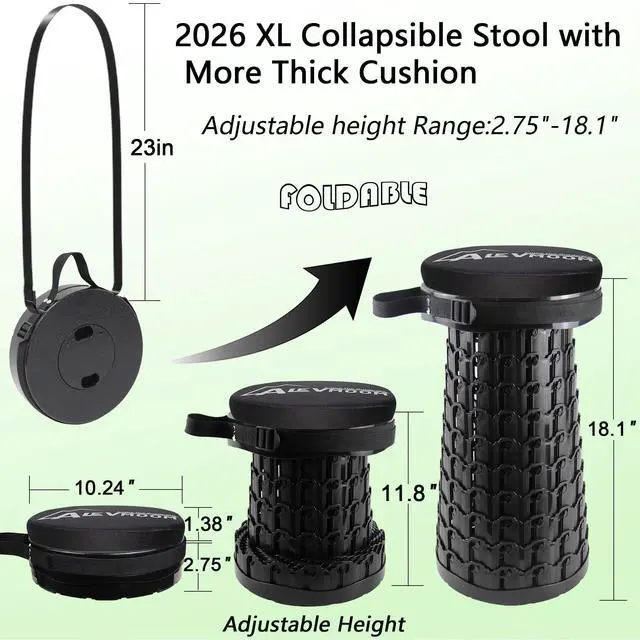 Alt view image 3 of 7 - Telescoping Stool with Thick Cushion, H18.1 D10.24 Collapsible Retractable More Sturdy Capacity 600Ib, Portable Camping Adjustable Folding Stool for Garden Fishing Hiking Mountain BBQ