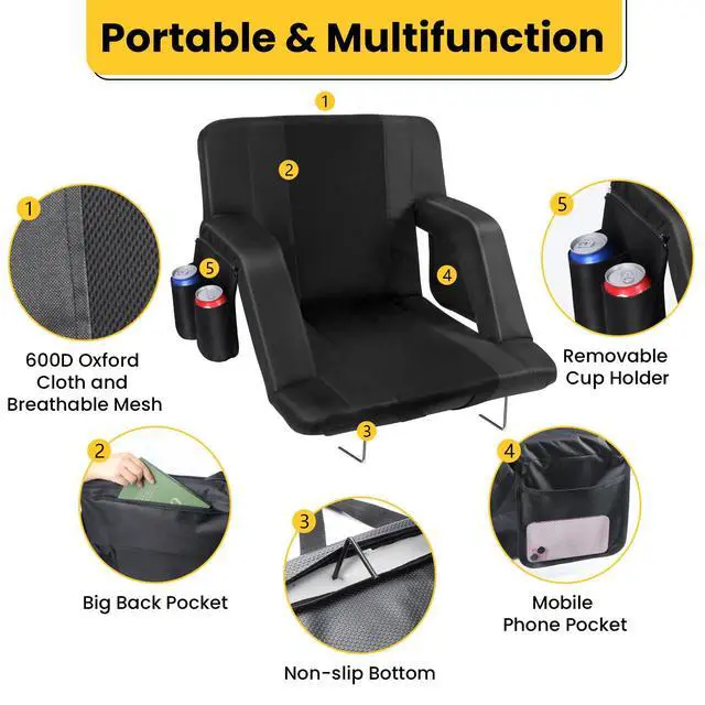 Alt view image 4 of 7 - Stadium Seats with Back Support, 2 Pack 3D Mesh Stitching Bleacher Chairs with Back and Cushion, Portable Folding Stadium Seats with Armrests, 6 Reclining Positions Bleacher Seats for Sports Events