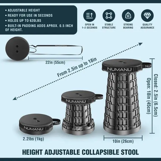 Alt view image 6 of 7 - 2026 Upgraded Padded Collapsible Stool, Max 620lbs 2.5"-18" H Adjustable Portable Folding Stool for Adults, Retractable Foldable Telescopic Seat Camping Chair or Footrest