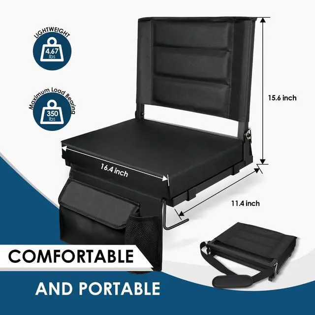 Alt view image 6 of 7 - Stadium Seats with Back Support,Bleacher Chairs with Cushion, Portable Folding Stadium Chair with Removable Cushion and Large Pocket for School Events Sports Game(Black)