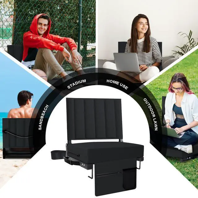 Alt view image 7 of 7 - Stadium Seat for Bleachers with Back Support and Cushion, Bleacher Seats with Shoulder Strap and Cup Holder, Padded Portable Folding Comfort Stadium Chair, for Sports Events, Black (1pcs)