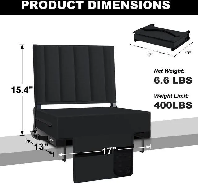 Alt view image 3 of 7 - Stadium Seat for Bleachers with Back Support and Cushion, Bleacher Seats with Shoulder Strap and Cup Holder, Padded Portable Folding Comfort Stadium Chair, for Sports Events, Black (1pcs)