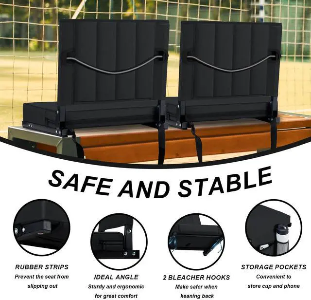 Alt view image 5 of 7 - Stadium Seat for Bleachers with Back Support and Cushion, Bleacher Seats with Shoulder Strap and Cup Holder, Padded Portable Folding Comfort Stadium Chair, for Sports Events, Black (1pcs)