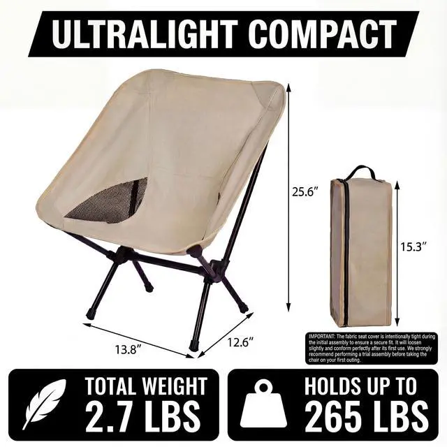 Alt view image 2 of 7 - Camping Chair Portable Backpacking Chair - Ultralight Folding Chair - Compact, Lightweight Foldable Chairs for Hiking Mountaineering Beach (Beige)