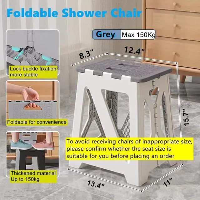 Alt view image 2 of 7 - Foldable Bath Shower Safety Chair Seat Grey, Foldable and Anti-Slip Bench Bathtub Stool for Elderly or Seniors (Foldable ShowerChair 15.7" H Grey, Seat Size 12.4" x 8.3