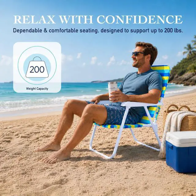 Alt view image 2 of 6 - Folding Beach Chair, 1 Position Lightweight and Portable Foldable Outdoor Camping Accessories with Carry Strap (Bold Stripe, 200lbs Capacity)