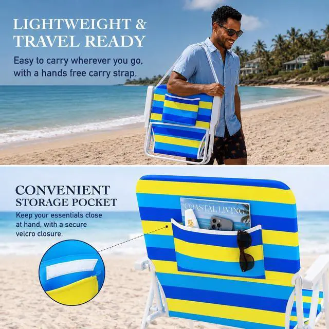 Alt view image 3 of 6 - Folding Beach Chair, 1 Position Lightweight and Portable Foldable Outdoor Camping Accessories with Carry Strap (Bold Stripe, 200lbs Capacity)