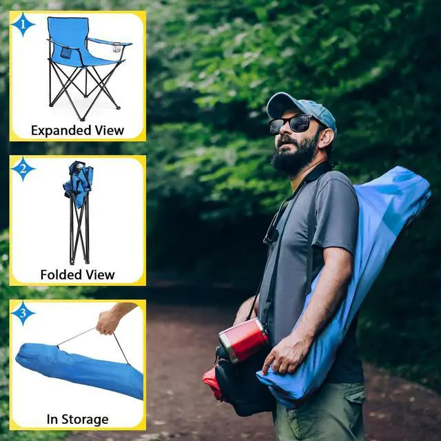 Alt view image 6 of 7 - Folding Camping Chair & Carrying Bag, Foldable Camp Chair with Cup Holders for Adults, Portable for Lawn, Outdoors, Fishing, Hiking, Travel, Picnic, Beach, Oversized & Supports 275lbs (Blue)