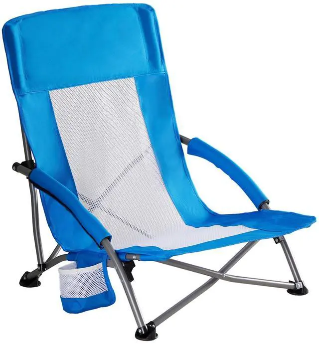 Main image of Low Beach Chair Folding Camping Chair for Adults, Low Profile Lawn Chair with Cup Holders & Carry Bag, Extra Wide Seat and High Back, Portable for Beach, Outdoors, Travel & Concerts, Blue