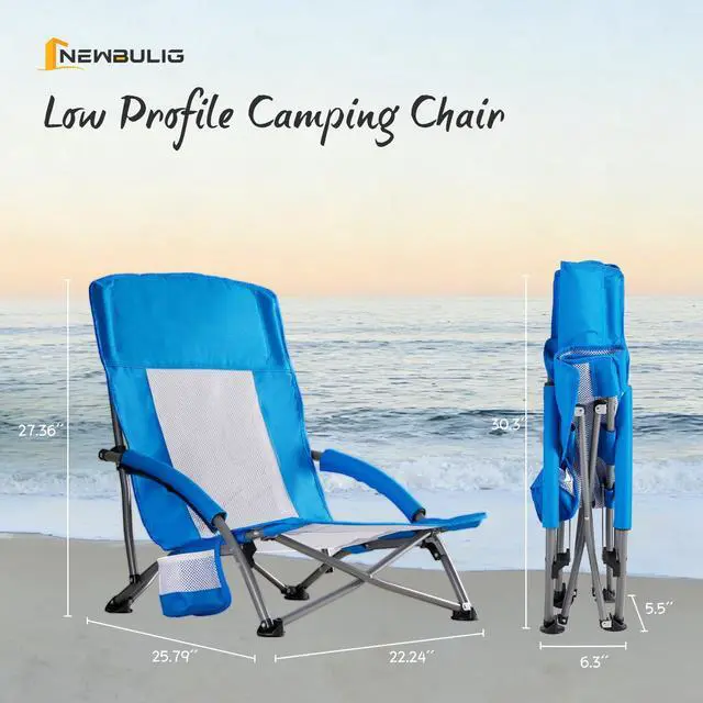 Alt view image 2 of 7 - Low Beach Chair Folding Camping Chair for Adults, Low Profile Lawn Chair with Cup Holders & Carry Bag, Extra Wide Seat and High Back, Portable for Beach, Outdoors, Travel & Concerts, Blue
