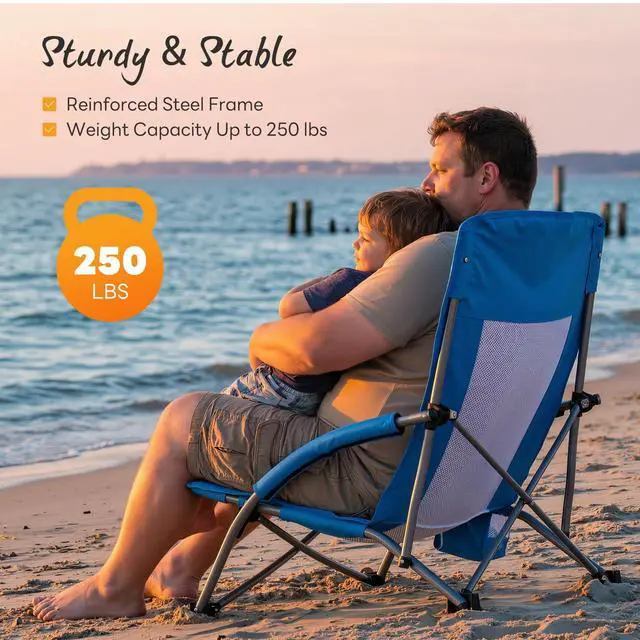Alt view image 3 of 7 - Low Beach Chair Folding Camping Chair for Adults, Low Profile Lawn Chair with Cup Holders & Carry Bag, Extra Wide Seat and High Back, Portable for Beach, Outdoors, Travel & Concerts, Blue