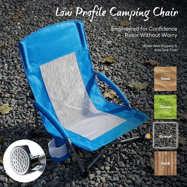 Alt view image 4 of 7 - Low Beach Chair Folding Camping Chair for Adults, Low Profile Lawn Chair with Cup Holders & Carry Bag, Extra Wide Seat and High Back, Portable for Beach, Outdoors, Travel & Concerts, Blue