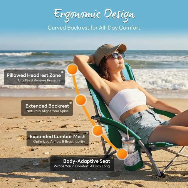 Alt view image 6 of 7 - Low Beach Chair Folding Camping Chair for Adults, Low Profile Lawn Chair with Cup Holders & Carry Bag, Extra Wide Seat and High Back, Portable for Beach, Outdoors, Travel & Concerts, Blue