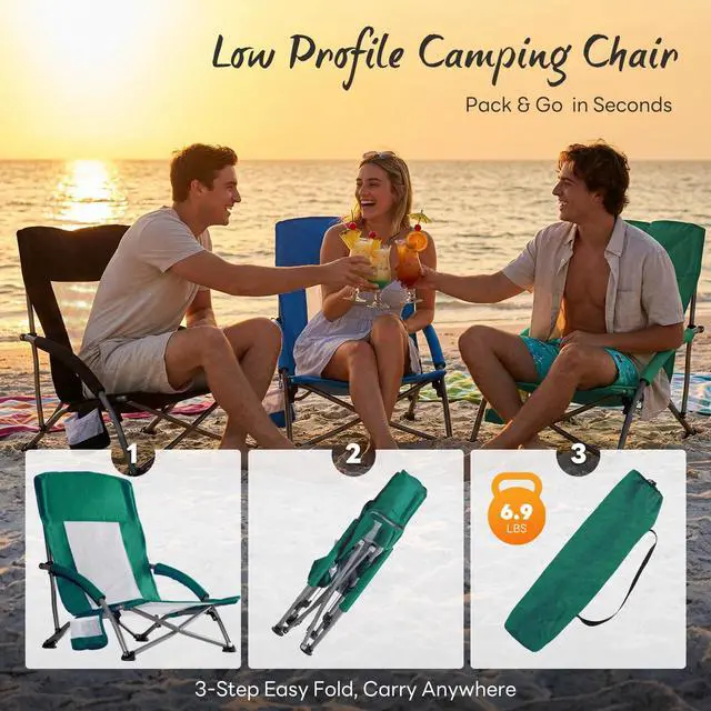 Alt view image 7 of 7 - Low Beach Chair Folding Camping Chair for Adults, Low Profile Lawn Chair with Cup Holders & Carry Bag, Extra Wide Seat and High Back, Portable for Beach, Outdoors, Travel & Concerts, Blue