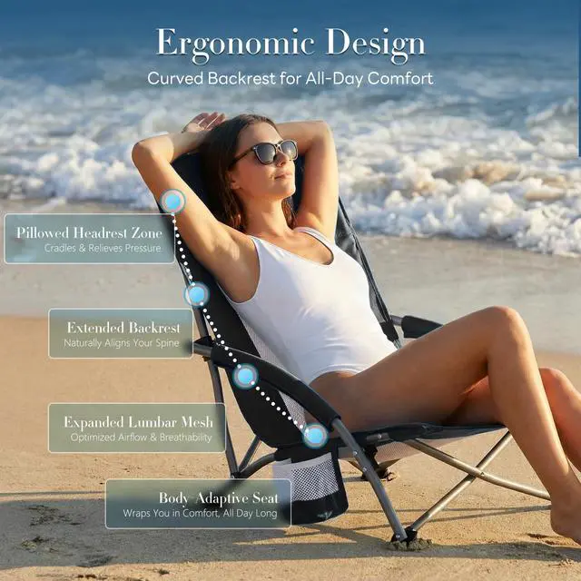 Alt view image 3 of 7 - Folding Camping Beach Chair, Lightweight Low Portable Profile Lawn Beach Chair with Cup Holder, Storage Pocket, Breeze Mesh Back, Padded Armrests Camp, Picnic, Lawn, Sand, Black