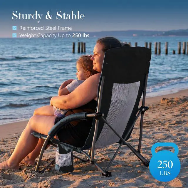 Alt view image 4 of 7 - Folding Camping Beach Chair, Lightweight Low Portable Profile Lawn Beach Chair with Cup Holder, Storage Pocket, Breeze Mesh Back, Padded Armrests Camp, Picnic, Lawn, Sand, Black