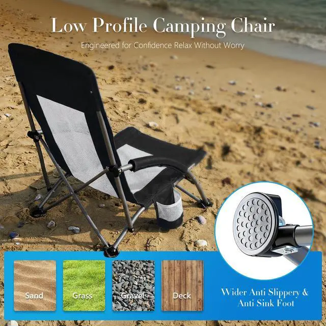 Alt view image 5 of 7 - Folding Camping Beach Chair, Lightweight Low Portable Profile Lawn Beach Chair with Cup Holder, Storage Pocket, Breeze Mesh Back, Padded Armrests Camp, Picnic, Lawn, Sand, Black