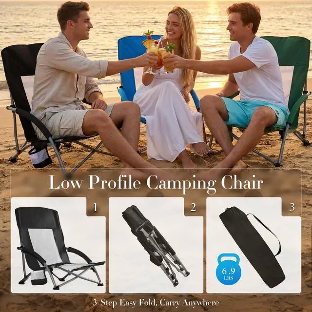 Alt view image 7 of 7 - Folding Camping Beach Chair, Lightweight Low Portable Profile Lawn Beach Chair with Cup Holder, Storage Pocket, Breeze Mesh Back, Padded Armrests Camp, Picnic, Lawn, Sand, Black