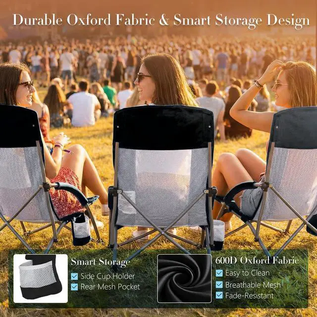 Alt view image 6 of 7 - Folding Camping Beach Chair, Lightweight Low Portable Profile Lawn Beach Chair with Cup Holder, Storage Pocket, Breeze Mesh Back, Padded Armrests Camp, Picnic, Lawn, Sand, Black