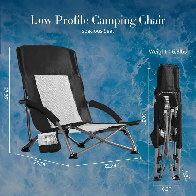 Alt view image 2 of 7 - Folding Camping Beach Chair, Lightweight Low Portable Profile Lawn Beach Chair with Cup Holder, Storage Pocket, Breeze Mesh Back, Padded Armrests Camp, Picnic, Lawn, Sand, Black