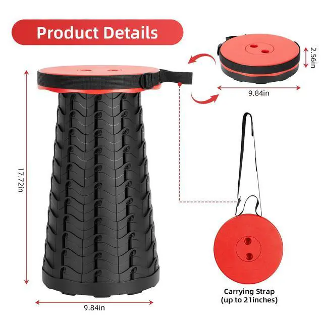 Alt view image 3 of 7 - Collapsible Folding Chair - Upgraded Portable Chair with 400lbs Load Capacity, Perfect for Camping, Fishing, Hiking - Folding Stool with Carrying Straps, Gift for Fisherman (Red)