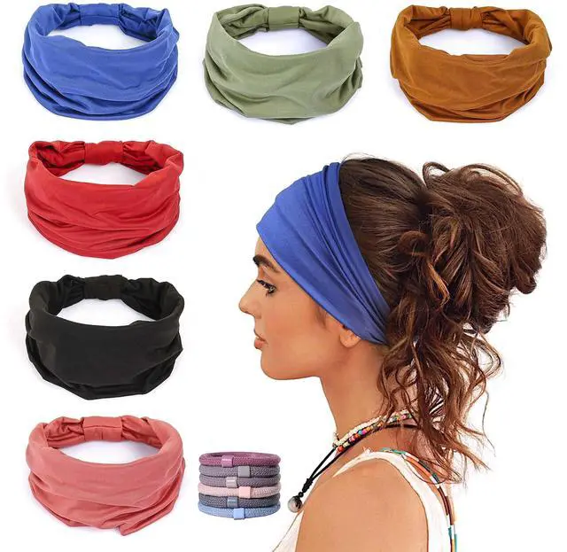 Main image of 6 Pack Wide Headbands for Women Non Slip Soft Elastic Hair Bands Yoga Running Sports Workout Gym Head Wraps, Knotted Cotton Cloth African Turbans Bandana (with 6 Pcs Hair Ties)
