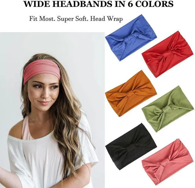 Alt view image 3 of 7 - 6 Pack Wide Headbands for Women Non Slip Soft Elastic Hair Bands Yoga Running Sports Workout Gym Head Wraps, Knotted Cotton Cloth African Turbans Bandana (with 6 Pcs Hair Ties)