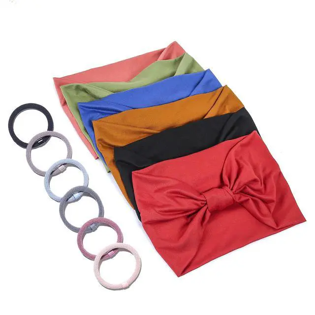 Alt view image 7 of 7 - 6 Pack Wide Headbands for Women Non Slip Soft Elastic Hair Bands Yoga Running Sports Workout Gym Head Wraps, Knotted Cotton Cloth African Turbans Bandana (with 6 Pcs Hair Ties)
