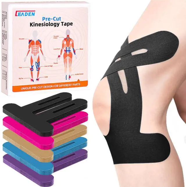 Main image of Precut Kinesiology Tape for Knees, 10 Pcs - Knee Support & Stability, Knee Pain Relief Athletic Tape - Waterproof & Elastic, Breathable Hypoallergenic Latex-Free Tape, Black