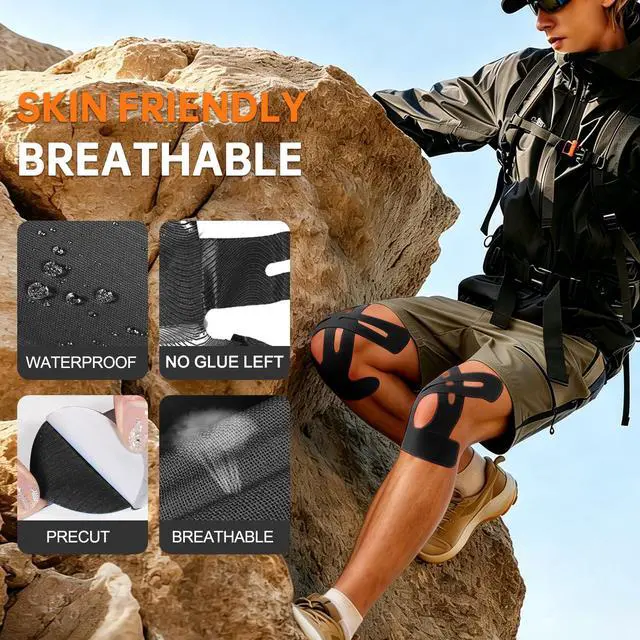 Alt view image 3 of 7 - Precut Kinesiology Tape for Knees, 10 Pcs - Knee Support & Stability, Knee Pain Relief Athletic Tape - Waterproof & Elastic, Breathable Hypoallergenic Latex-Free Tape, Black