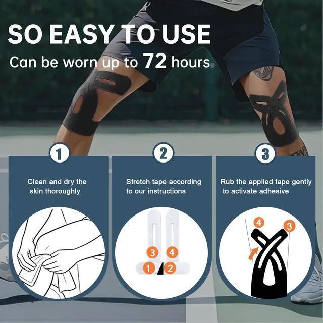Alt view image 5 of 7 - Precut Kinesiology Tape for Knees, 10 Pcs - Knee Support & Stability, Knee Pain Relief Athletic Tape - Waterproof & Elastic, Breathable Hypoallergenic Latex-Free Tape, Black