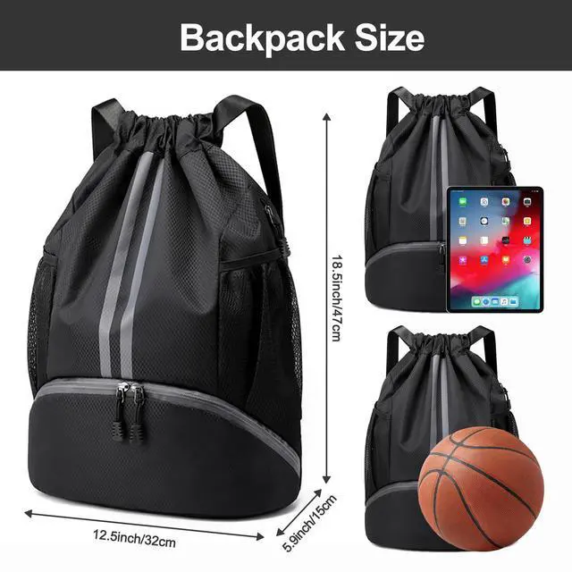 Alt view image 3 of 7 - Sports Drawstring Backpack - String Swim Gym Bag with Shoes Compartment and Wet Proof Pocket for Women&Men