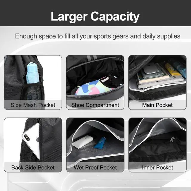 Alt view image 4 of 7 - Sports Drawstring Backpack - String Swim Gym Bag with Shoes Compartment and Wet Proof Pocket for Women&Men