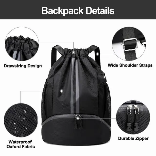 Alt view image 5 of 7 - Sports Drawstring Backpack - String Swim Gym Bag with Shoes Compartment and Wet Proof Pocket for Women&Men