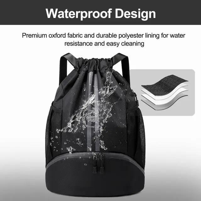 Alt view image 6 of 7 - Sports Drawstring Backpack - String Swim Gym Bag with Shoes Compartment and Wet Proof Pocket for Women&Men