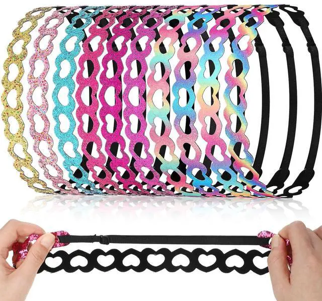 Main image of 10 Pcs Glitter Headbands Girls, Adjustable Non Slip Elastic Sports Hair Bands Softball Sparkly Heart Stretchy Shiny Headband Workout Fashion Hair Accessories for Women Party Favor