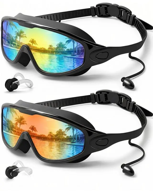 Main image of Swim Goggles 2 Pack, Adjustable Wide View Anti Fog&UV Swimming Goggles for Audlt, No Leaking Swim Glasses for Men Women Youth, Aqua & Bright Orange