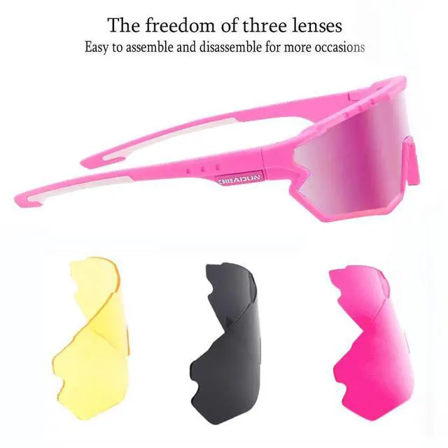 Alt view image 4 of 7 - Sports Sunglasses Cycling Glasses Baseball Sunglasses Pink Polarized Glasses with 3 lenses,Fishing,Ski Running Golf (Pink, Large)