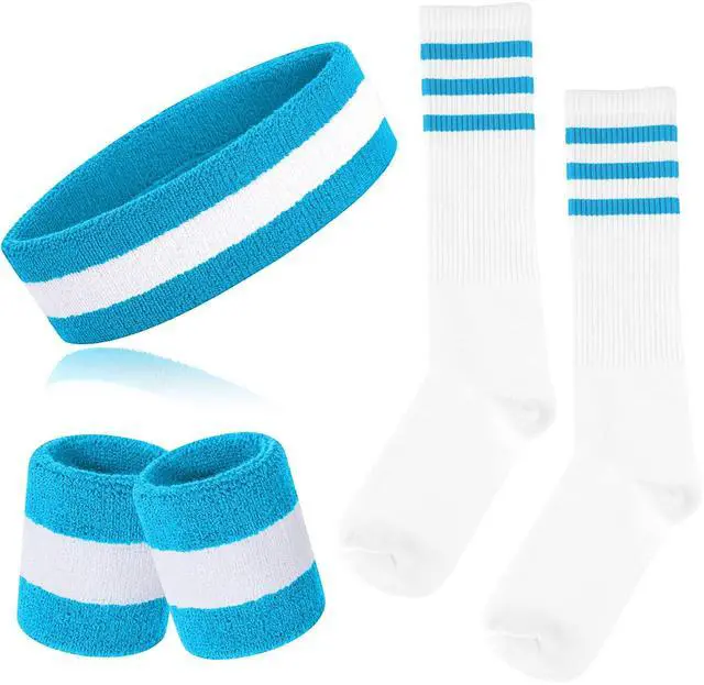 Main image of 5 Pieces Sweatbands Striped Socks Set Sports Headband Wristbands High Tube Socks 80s Accessories Costumes