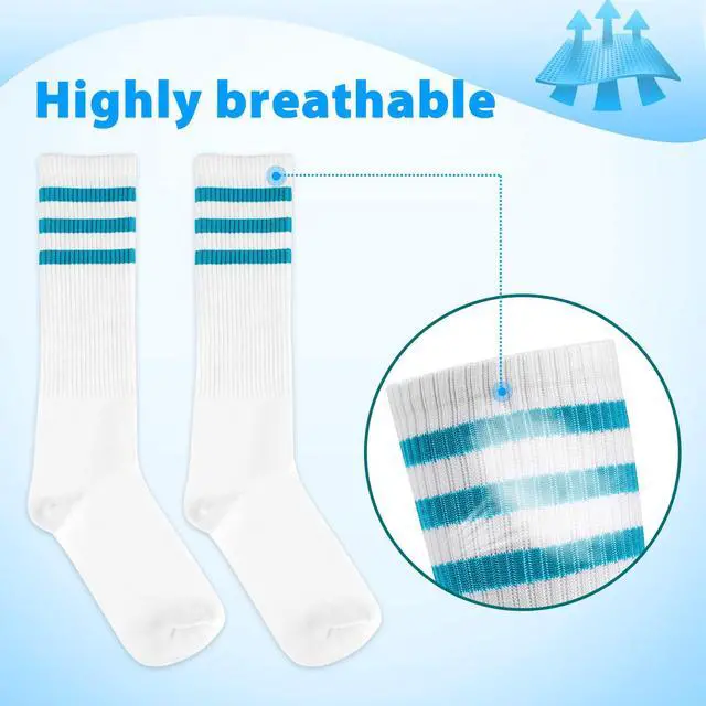 Alt view image 3 of 7 - 5 Pieces Sweatbands Striped Socks Set Sports Headband Wristbands High Tube Socks 80s Accessories Costumes