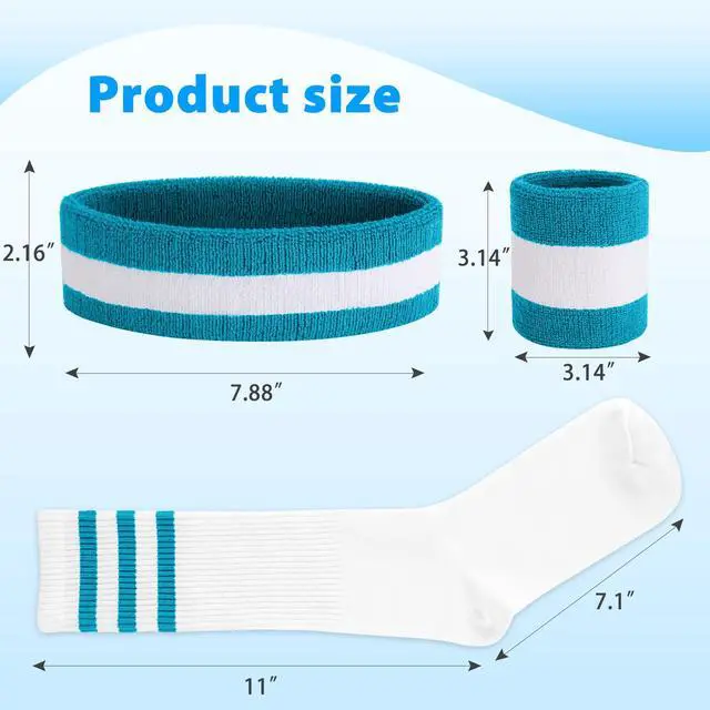 Alt view image 2 of 7 - 5 Pieces Sweatbands Striped Socks Set Sports Headband Wristbands High Tube Socks 80s Accessories Costumes