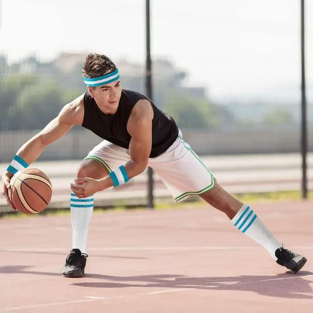 Alt view image 6 of 7 - 5 Pieces Sweatbands Striped Socks Set Sports Headband Wristbands High Tube Socks 80s Accessories Costumes