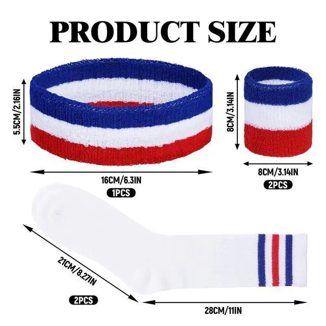 Alt view image 2 of 7 - 5Pcs Sports Headband Wristband and Striped Socks Set, Sweatbands Wristband, 80s Accessories Costumes for Men Women (Red/White/Blue)